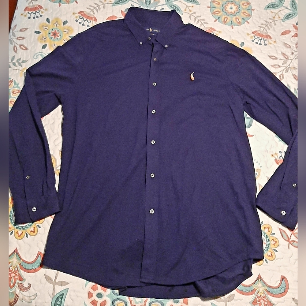 Ralph Lauren Men's Oxford Knit 100% Cotton Button Down Navy Blue Shirt XXL, EUC!